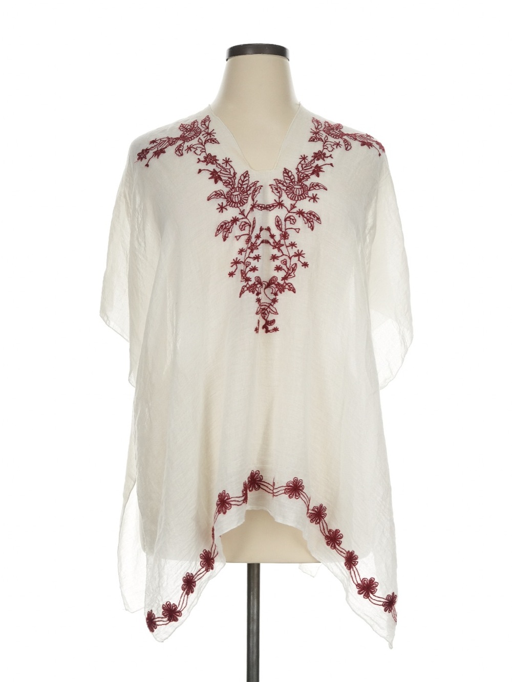 Soma White Poncho Tunic with Red Floral Embroidery